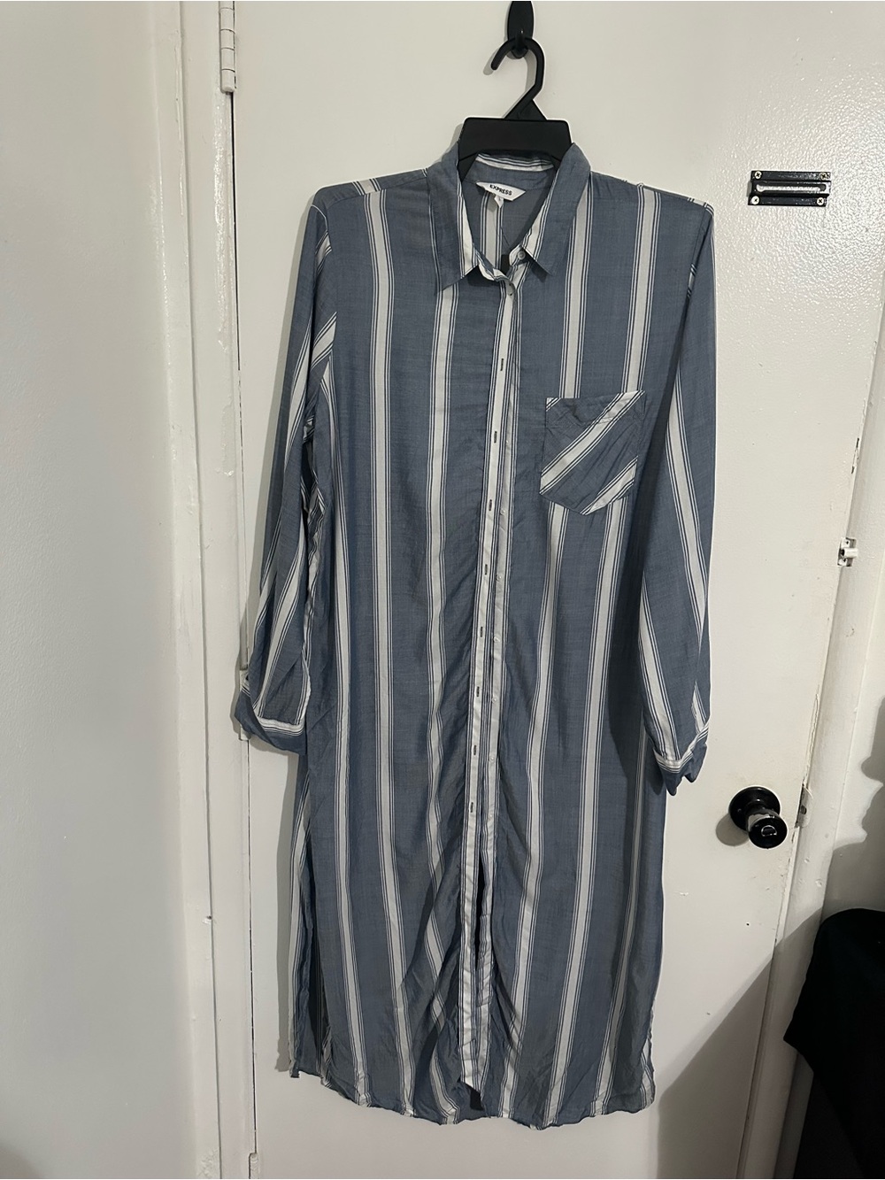 Express Blue and White Vertical Stripe Long Shirt Dress